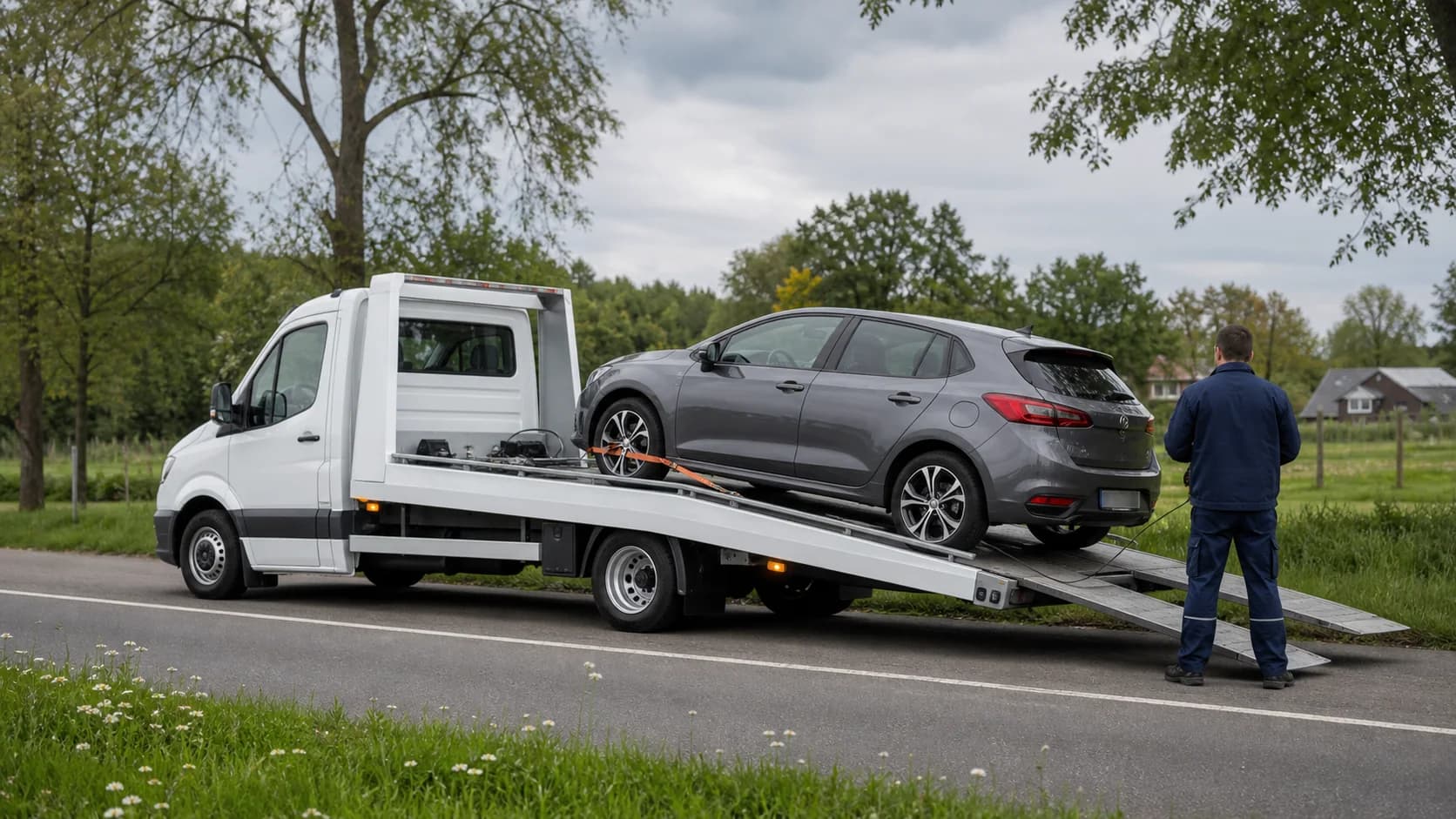 Een personenauto wordt zorgvuldig op een oprijwagen geladen
